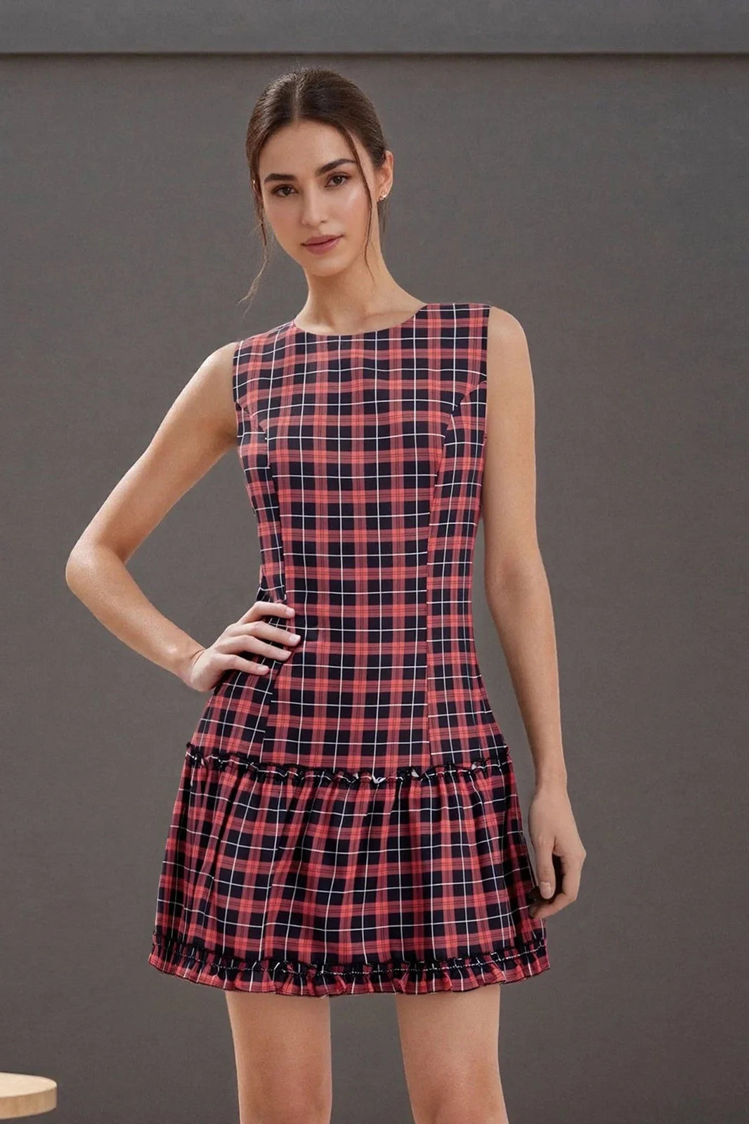 Plaid Printed Round Neck Sleeveless Mini Dress