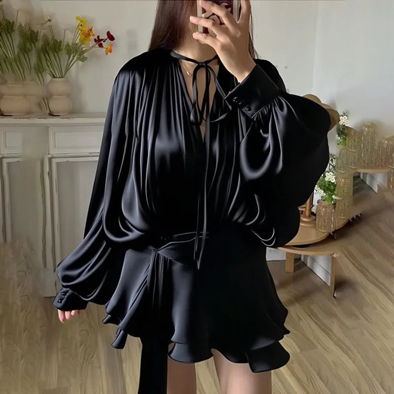V Neck Patchwork Lace Up Long Sleeve Mini Dress