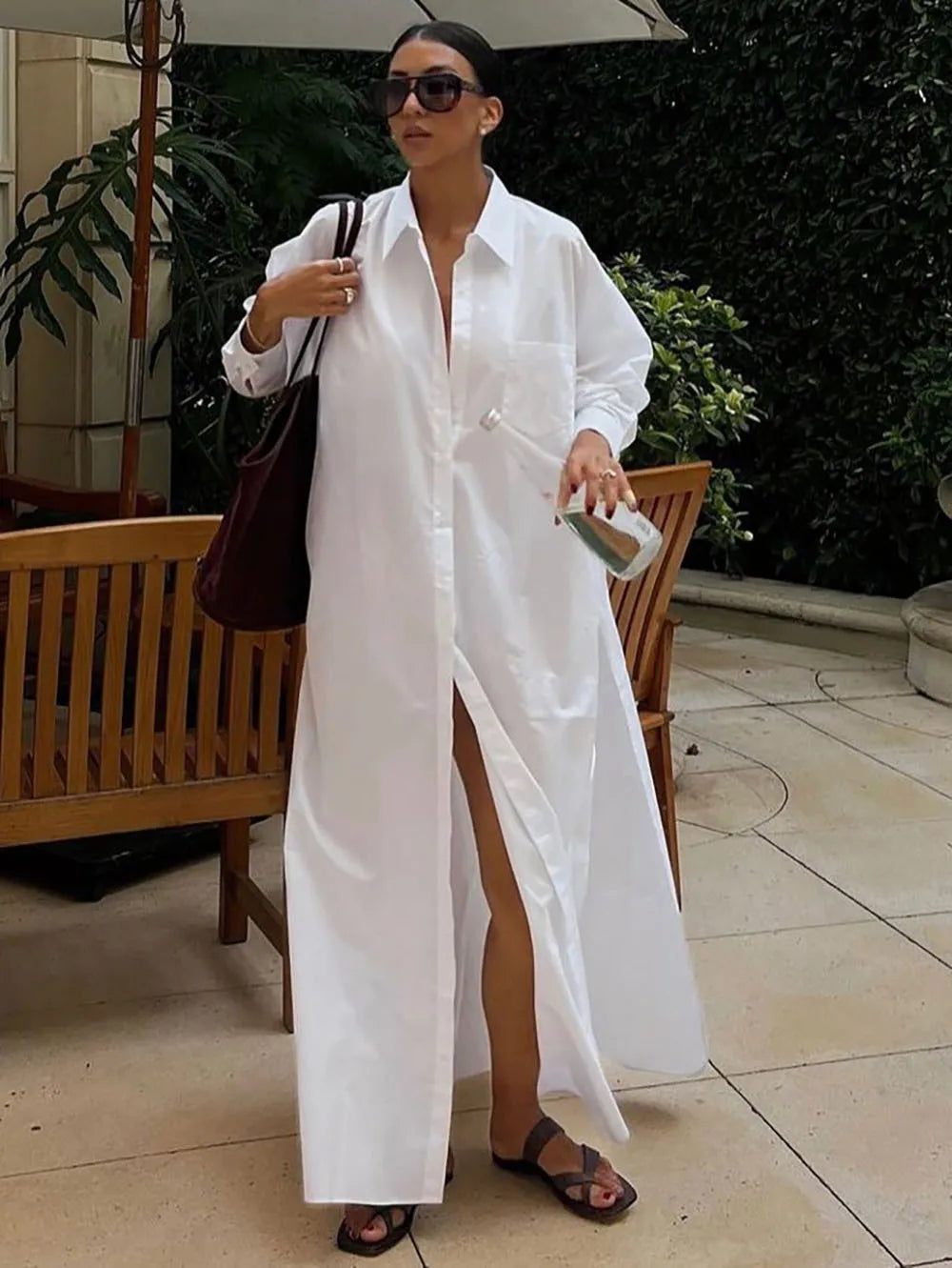 Long Sleeve Loose Single Breasted Slit Maxi Dress