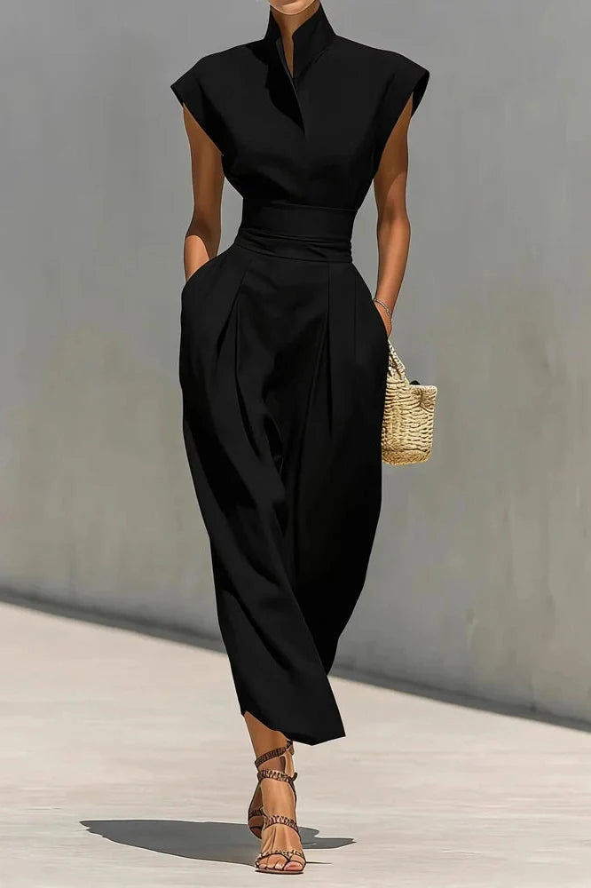 Elegant High Waist Slim Pleated Sleeveless Midi Dress