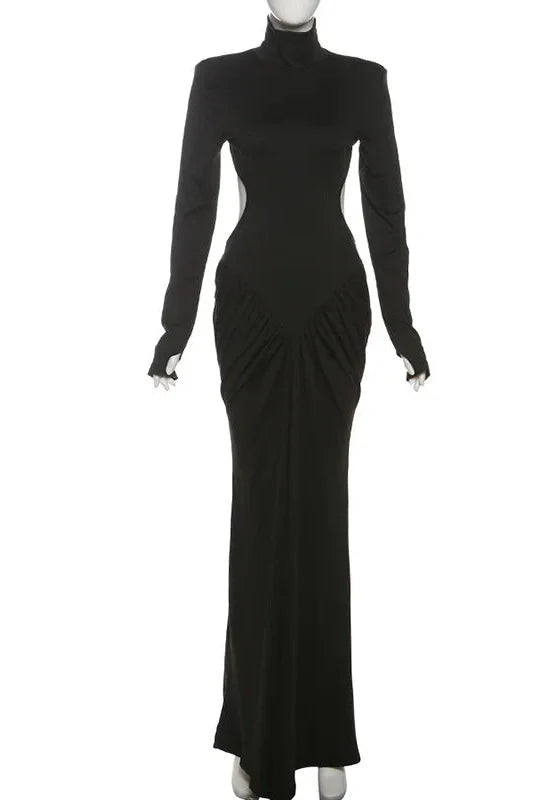 Elegant Backless Turtleneck Long Sleeve Maxi Dress