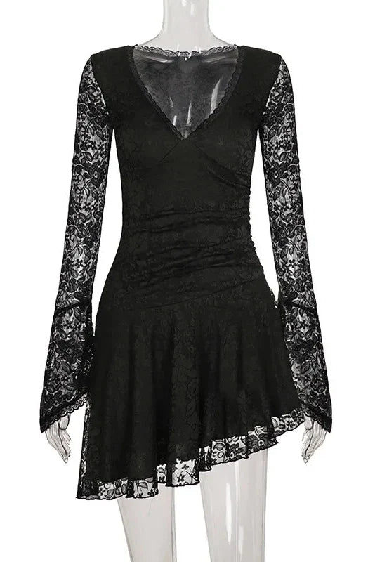 Hollow Out Lace Flare Sleeves Deep V-Neck Slim Mini Dress