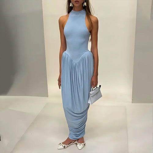 Elegant  Pleated High Neck Slit Maxi Dress