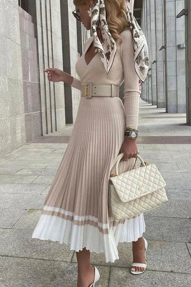 V-Neck Knitted A-Line Patchwork Midi Dress