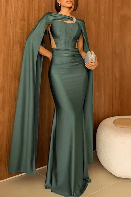 Hollow Out Shawl Long Sleeve High Waist Pleated Maxi Dress