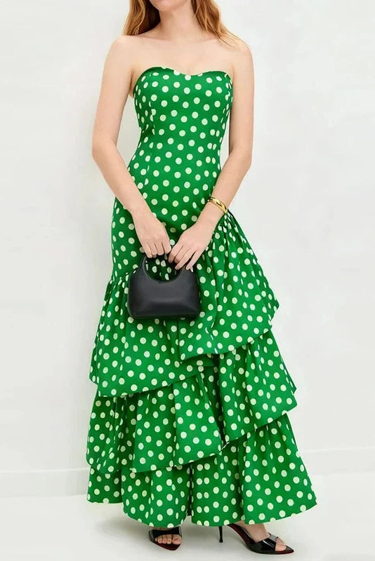 Elegant Off Shoulder High Waist Polka Dot Print Maxi Dress