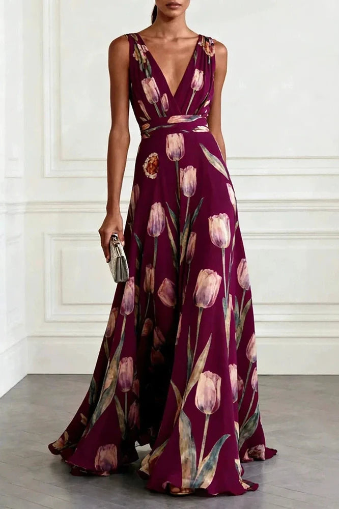 Sleeveless Pleated Printed High Waist V-Neck Maxi Dress