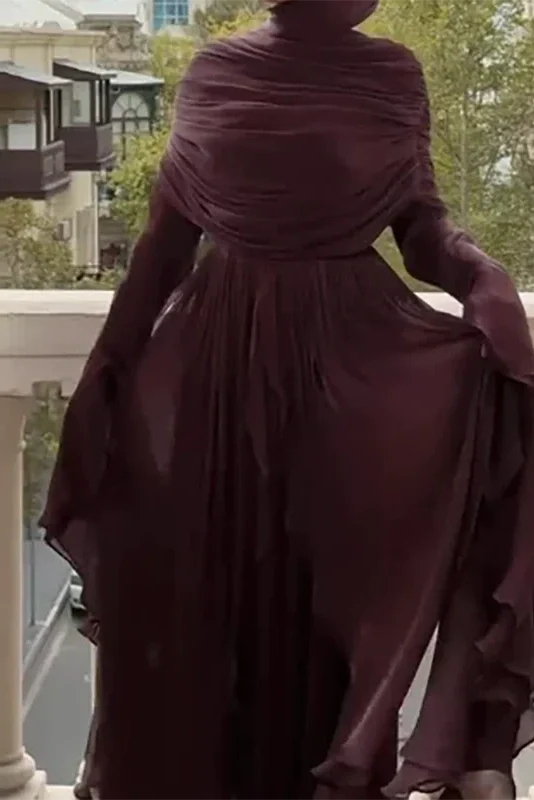Elegant O-Neck High Waist Pleated Irregular Maxi Dress