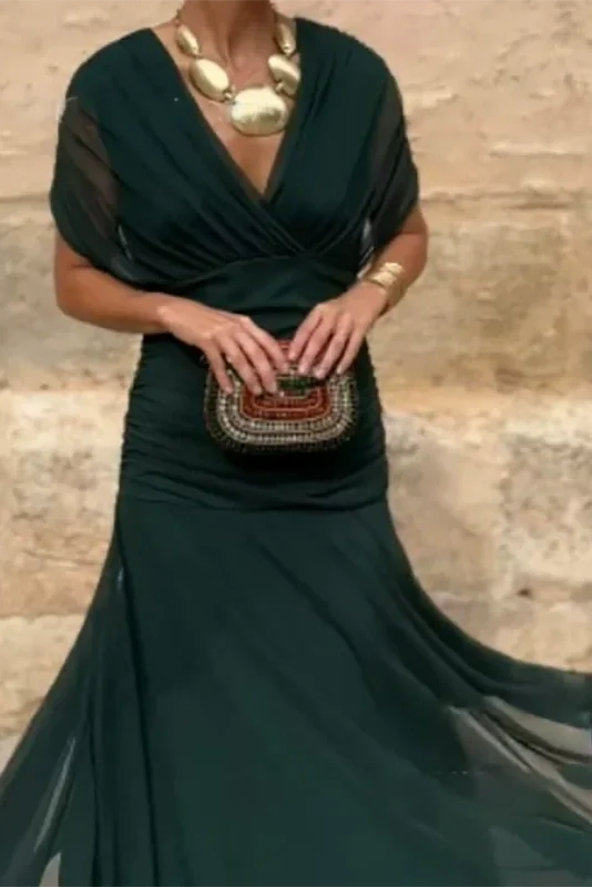 Printed Shawl Sleeve High Waist Pleated V-Neck Off Shoulder Maxi Dress