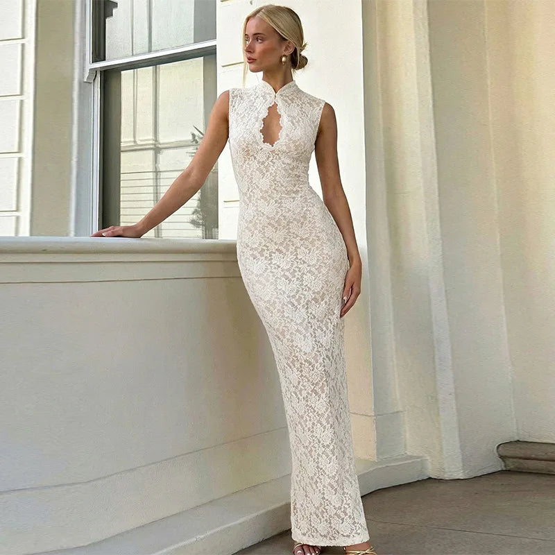 Hollow Lace Sleeveless Slit High Waist Maxi Dress