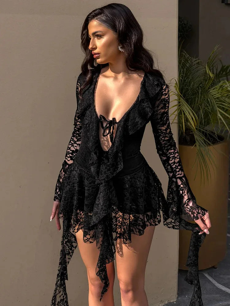 See-Through Lace Long Sleeve V-Neck Mini Dress