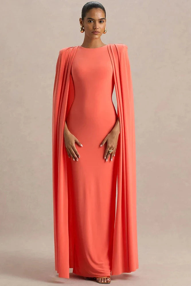 Cape Sleeve Zipper O Neck High Waist Split Maxi Dress