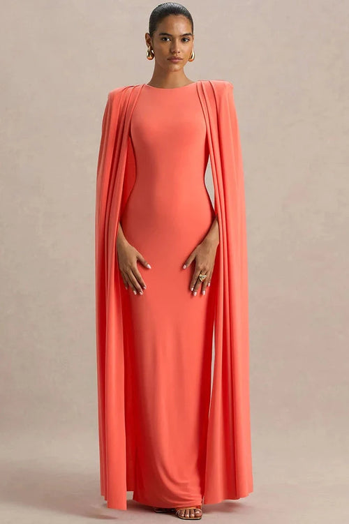 Cape Sleeve Zipper O Neck High Waist Split Maxi Dress