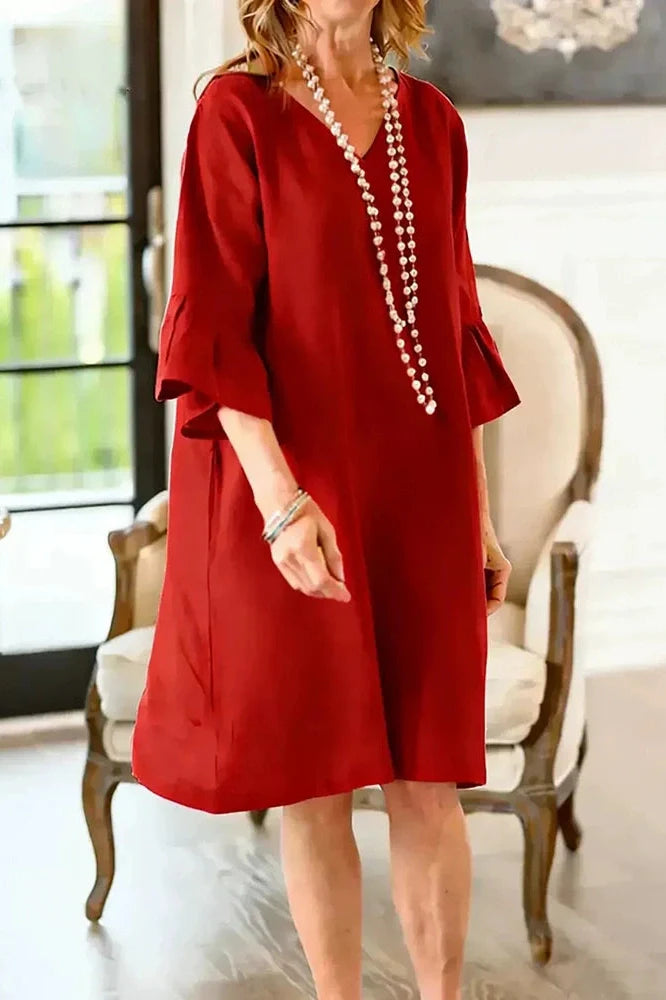 Half Sleeve V-Neck Loose Pleated A-Line Mini Dress