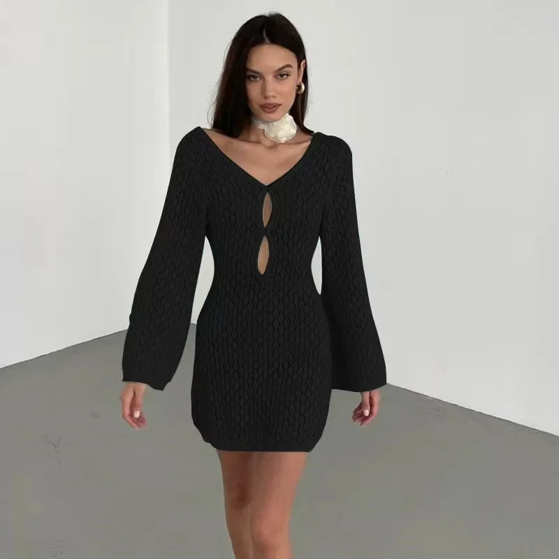 Hollow Out Long Sleeve Backless Mini Dress