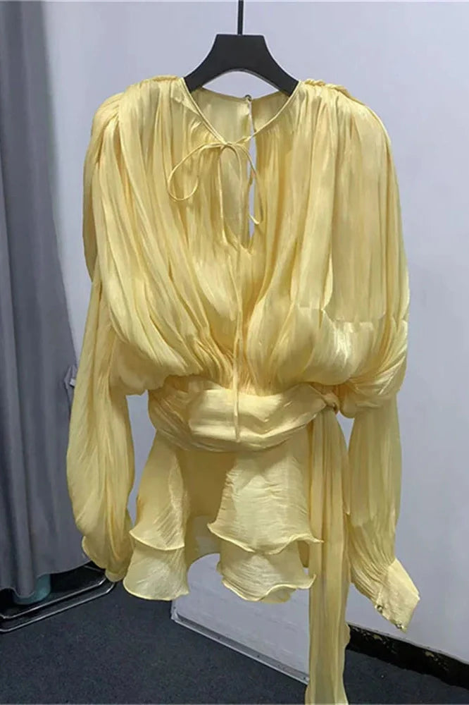 Elegant Pleated Long Sleeve High Waist Mini Dress