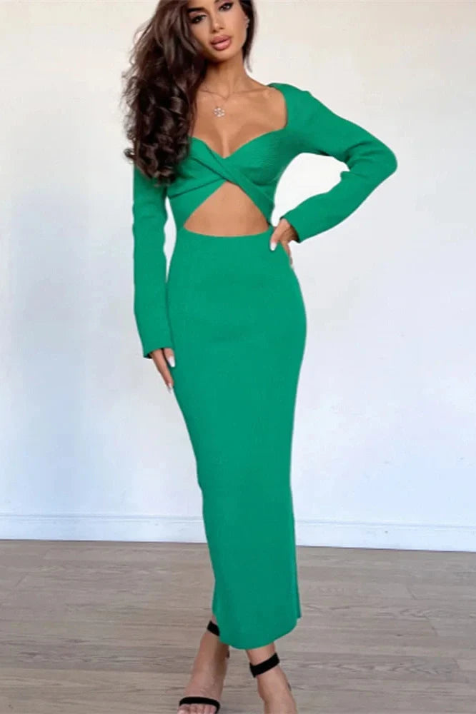 Hollow Out Long Sleeve Patchwork Slim Midi Dress