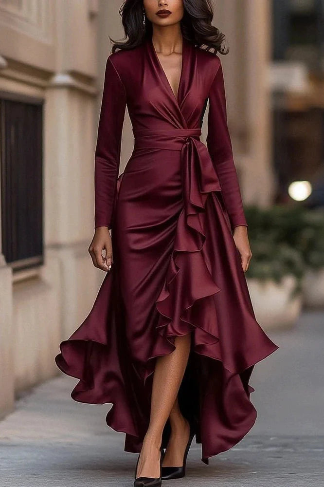 Lace Up Off Shoulder V-Neck Slim Pleated Irregular Maxi Dress