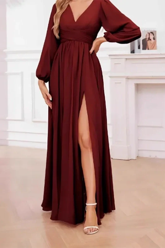 Elegant Long Sleeve Loose V-Neck Split Maxi Dress