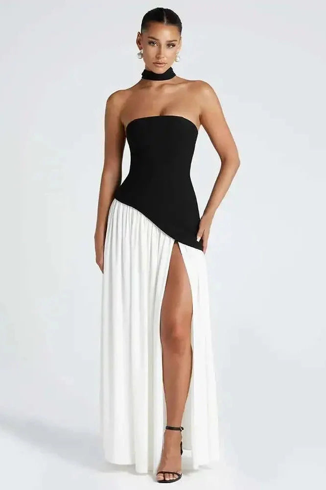 Strapless Off-Shoulder Patchwork Scarf Collar High Split Maxi Dress