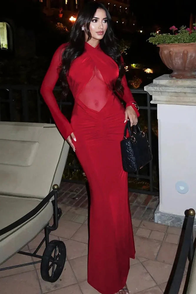 Hollow Out Long Sleeve O Neck Bodycon Maxi Dress
