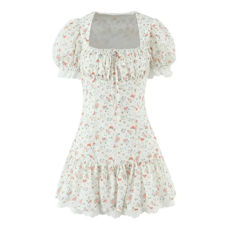 Lace Up Print Patchwork Mini Dress