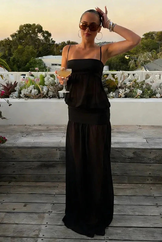 See-Through Patchwork Spaghetti Straps Maxi Dress
