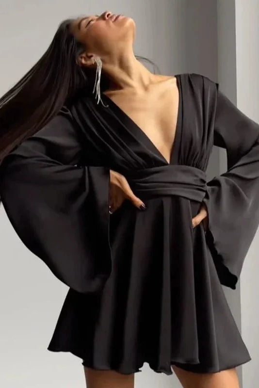 Elegant Long Sleeve Deep V Neck High Waist Mini Dress