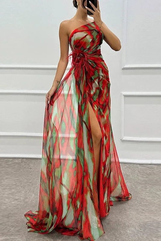 Sleeveless Backless High Split Printed One Shoulder Maxi Dress
