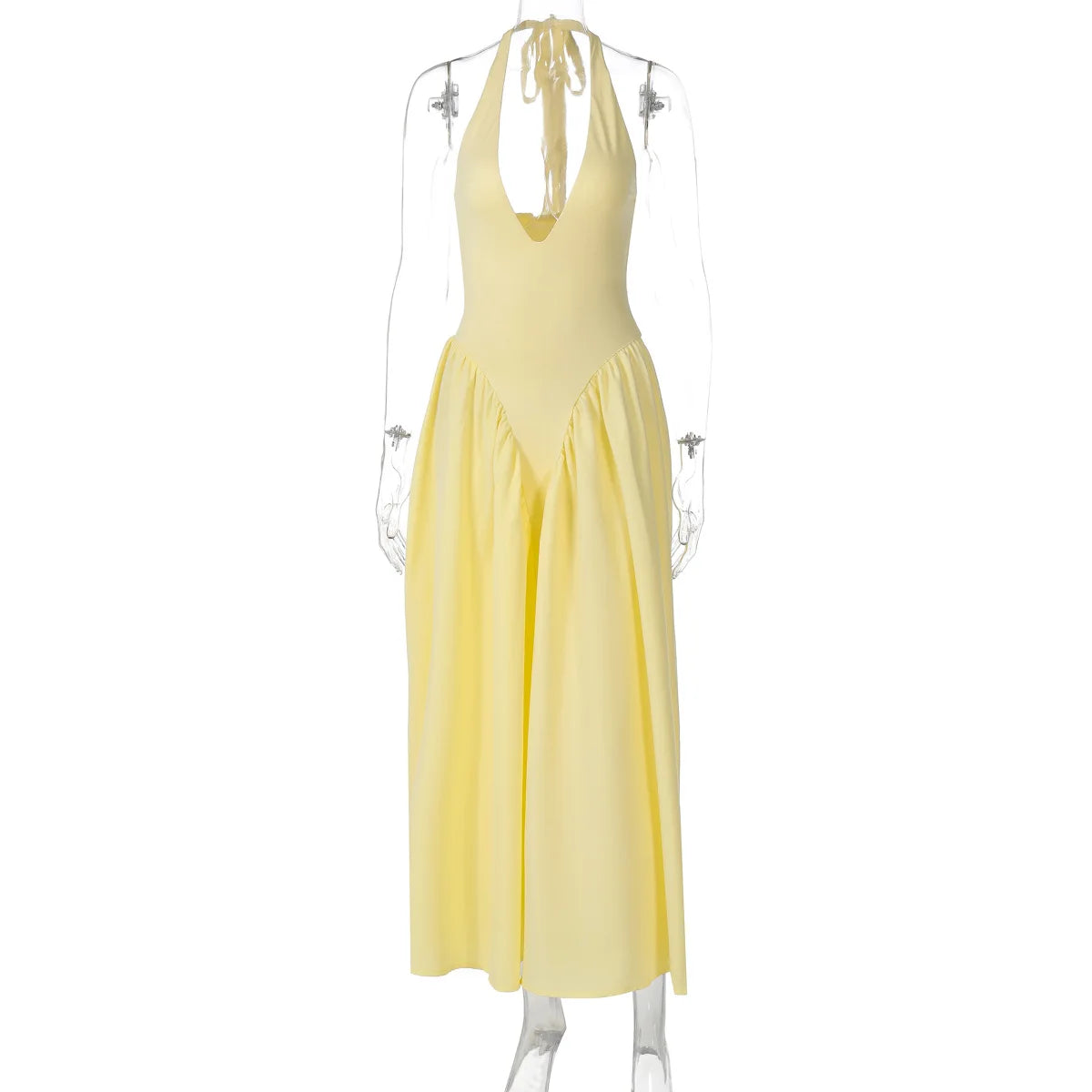 Deep V Neck A-Line Pleated Midi Dress