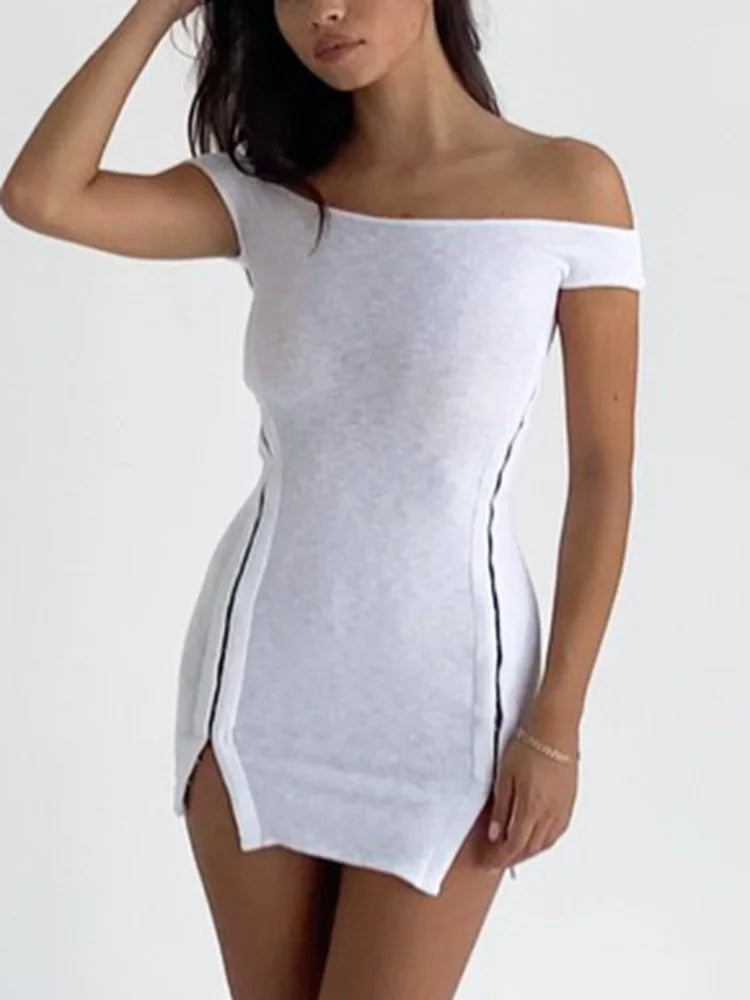 Off Shoulder Button Patchwork Backless Mini Dress