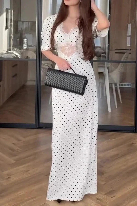 Short Sleeve Lace V-Neck Printed High Waist Maxi Dress
