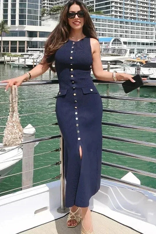 Elegant Knitted Sleeveless Button Bodycon Midi Dress