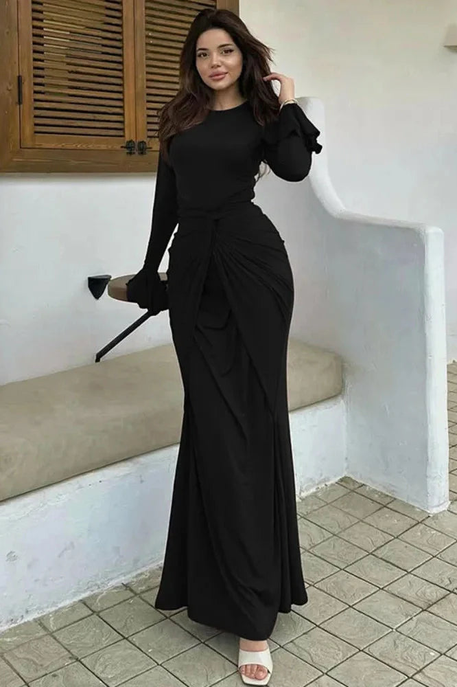 Elegant Long Sleeve O Neck High Waist Maxi Dress