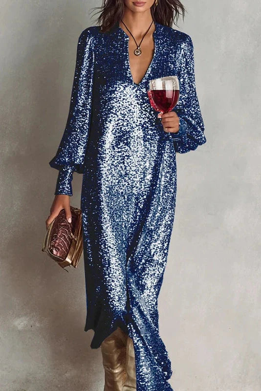 Elegant Long Sleeve V Neck Maxi Dress