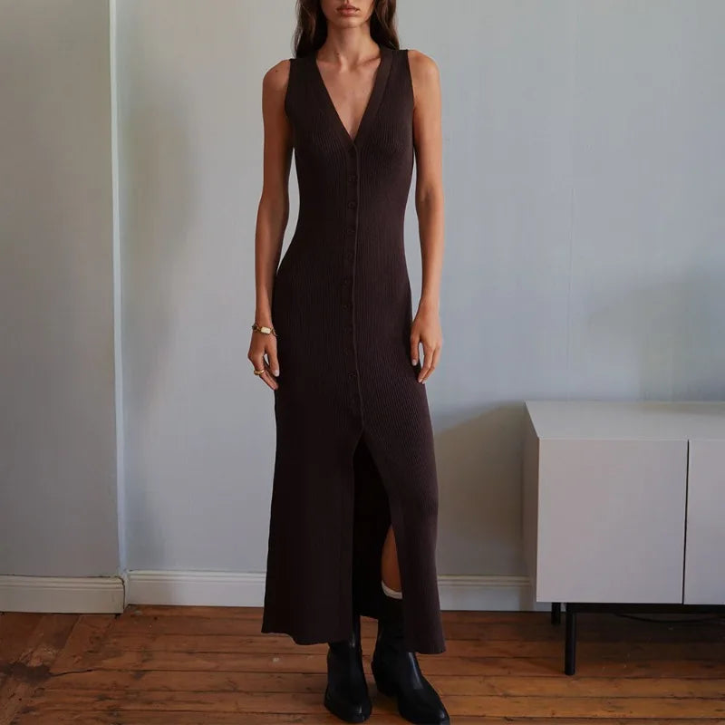 Elegant V-Neck Sleeveless Patchwork Maxi Dress