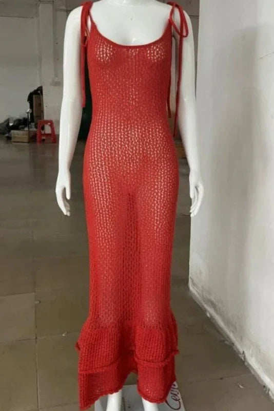 Hollow-Out Knitted Sleeveless Slim Maxi Dress