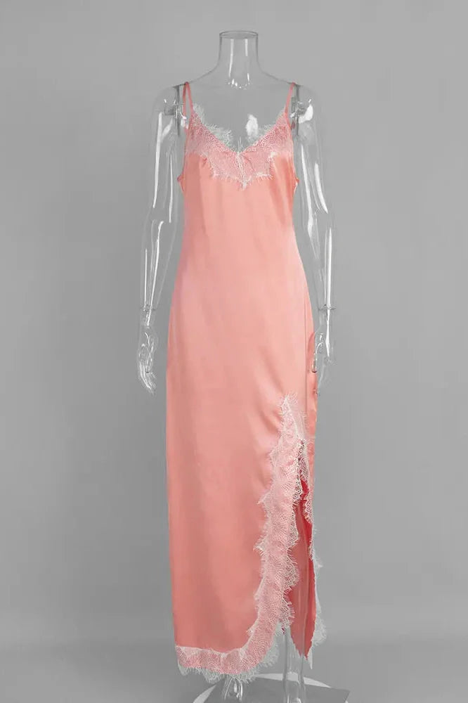 Lace Printed V-Neck High Waist Slim Backless Maxi Dress