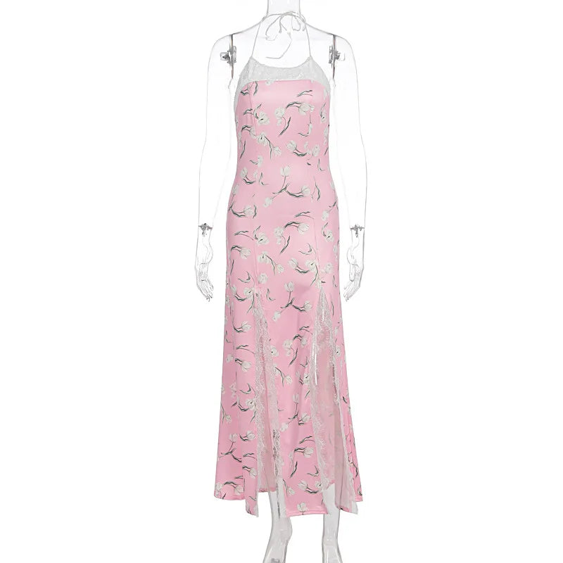 Sleeveless Printed Lace Slit Maxi Dress