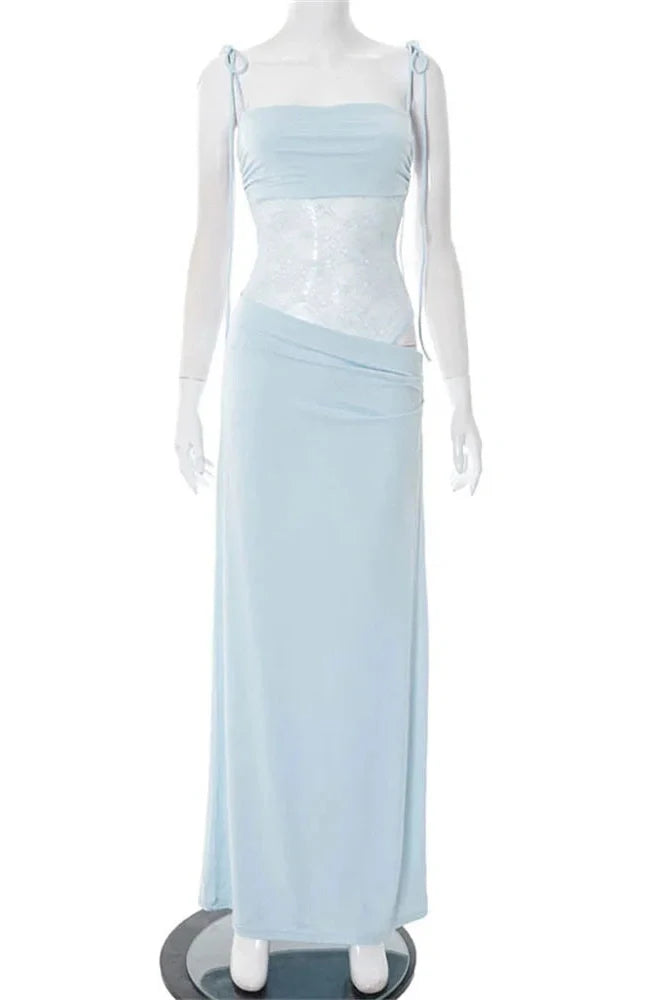 Lace Printed Backless Slim High Waist Patchwork Maxi Dress