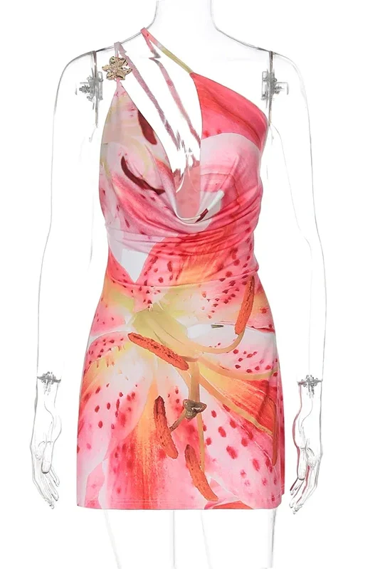 Elegant One-Shoulder Printed Sleeveless High Waist Mini Dress