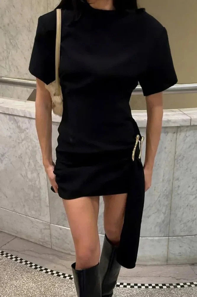 Short Sleeve Metal Buckle O Neck Bodycon Mini Dress