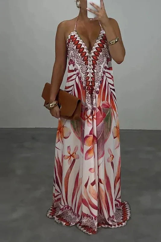Printed High Waist V-Neck Backless Sleeveless Loose Maxi Dress
