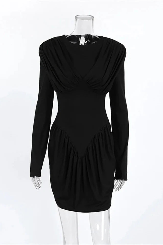 Pleated Patchwork Long Sleeve Bodycon Mini Dress