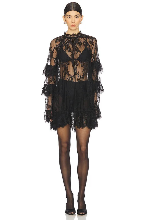 Lace See-Through Long Sleeve Loose Mini Dress