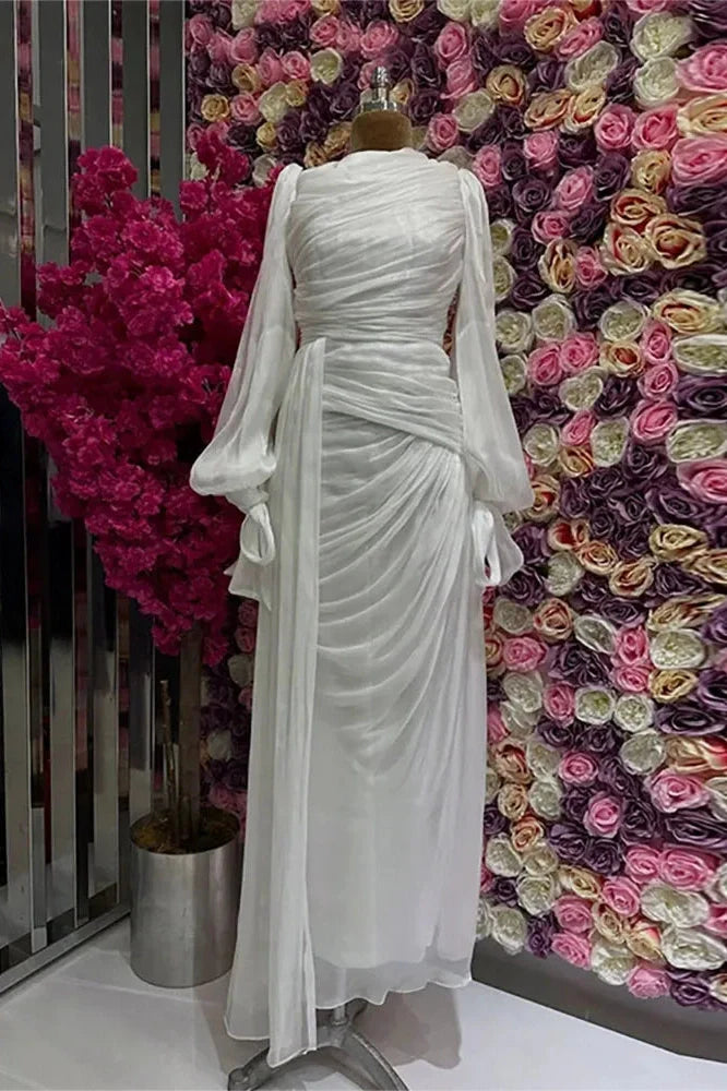 Elegant Long Sleeve High Waist Pleated Slim Maxi Dress