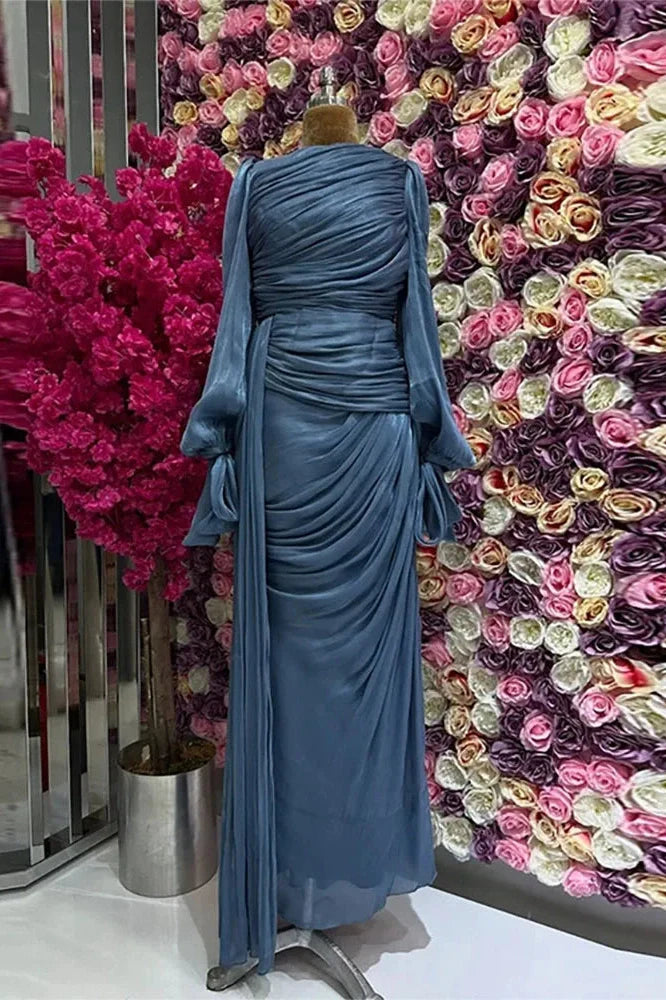 Elegant Long Sleeve High Waist Pleated Slim Maxi Dress