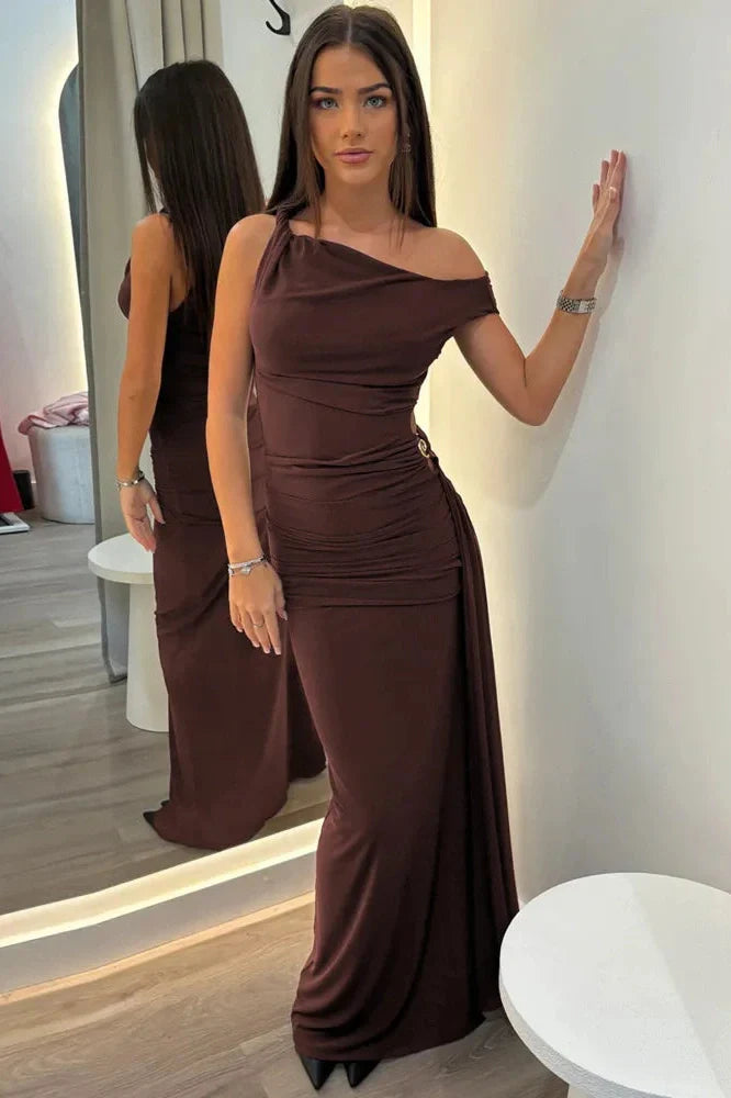 Oblique Shoulder Backless Off-Shoulder Sleeveless Maxi Dress