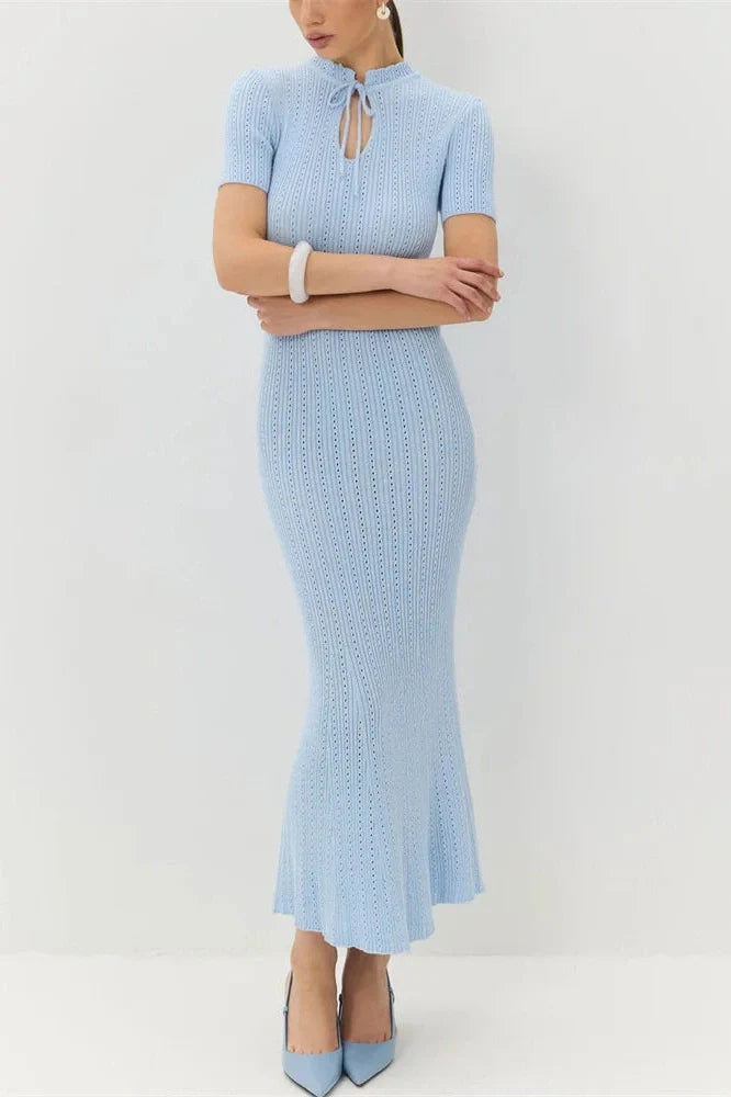 Hollow Out Lace-Up Short Sleeve Patchwork High Waist Maxi Dress