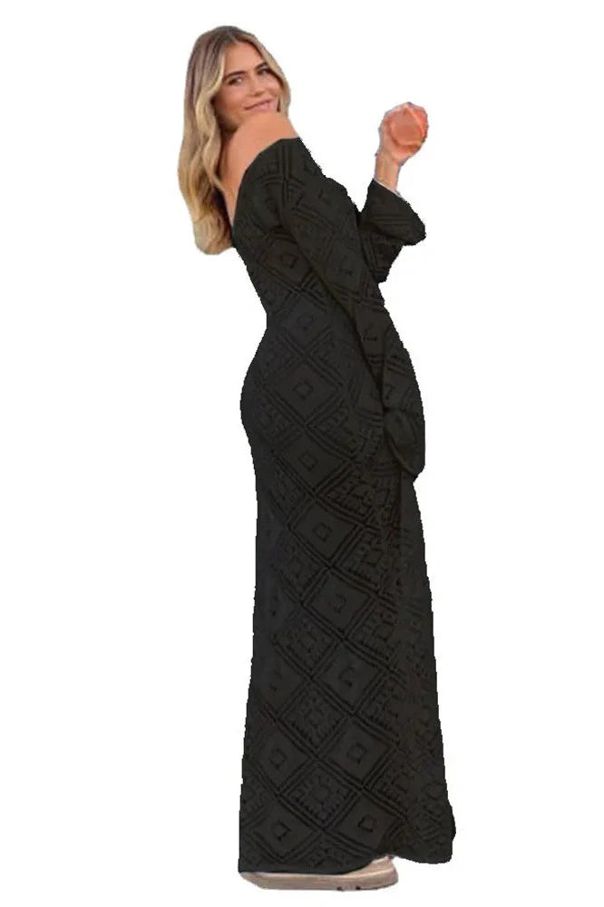 See-Through Loose Flared Sleeve Backless V-Neck Maxi Dress